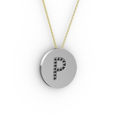 P Baş Harf Kolye - Siyah zirkon 18 ayar beyaz altın kolye (40 cm altın rolo zincir) #160baje