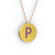 P Baş Harf Kolye - Ametist 8 ayar altın kolye (40 cm gümüş rolo zincir) #173ljtp