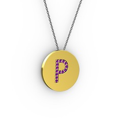 P Baş Harf Kolye - Ametist 14 ayar altın kolye (40 cm gümüş rolo zincir) #1787th7