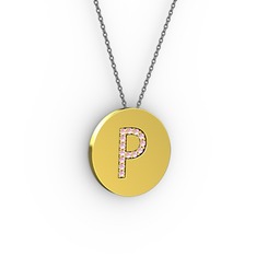 P Baş Harf Kolye - Pembe kuvars 14 ayar altın kolye (40 cm gümüş rolo zincir) #184cc9j
