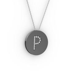 P Baş Harf Kolye - Pırlanta 925 ayar siyah rodyum kaplama gümüş kolye (0.1232 karat, 40 cm beyaz altın rolo zincir) #1bkh9ht