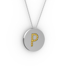 P Baş Harf Kolye - Sitrin 14 ayar beyaz altın kolye (40 cm beyaz altın rolo zincir) #1ey0wpp