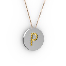P Baş Harf Kolye - Sitrin 8 ayar beyaz altın kolye (40 cm gümüş rolo zincir) #1jyva6v
