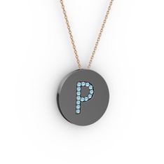 P Baş Harf Kolye - Akuamarin 925 ayar siyah rodyum kaplama gümüş kolye (40 cm rose altın rolo zincir) #1mgcmp0