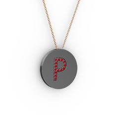 P Baş Harf Kolye - Garnet 925 ayar siyah rodyum kaplama gümüş kolye (40 cm rose altın rolo zincir) #1orxdnj