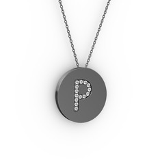 P Baş Harf Kolye - Swarovski 925 ayar siyah rodyum kaplama gümüş kolye (40 cm gümüş rolo zincir) #1p5i4l7
