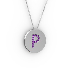 P Baş Harf Kolye - Ametist 8 ayar beyaz altın kolye (40 cm beyaz altın rolo zincir) #1ub9fxa