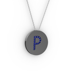 P Baş Harf Kolye - Lab safir 925 ayar siyah rodyum kaplama gümüş kolye (40 cm beyaz altın rolo zincir) #1y3xs0z