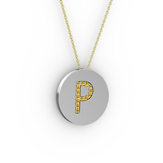 P Baş Harf Kolye - Sitrin 14 ayar beyaz altın kolye (40 cm altın rolo zincir) #bn8jzy