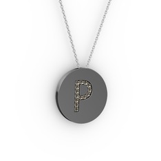 P Baş Harf Kolye - Dumanlı kuvars 925 ayar siyah rodyum kaplama gümüş kolye (40 cm gümüş rolo zincir) #cet5jz