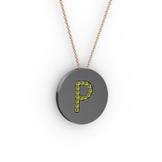 P Baş Harf Kolye - Peridot 925 ayar siyah rodyum kaplama gümüş kolye (40 cm gümüş rolo zincir) #ecyguw