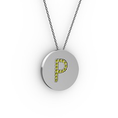 P Baş Harf Kolye - Peridot 14 ayar beyaz altın kolye (40 cm gümüş rolo zincir) #espb9c