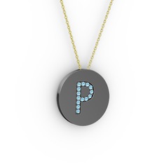P Baş Harf Kolye - Akuamarin 925 ayar siyah rodyum kaplama gümüş kolye (40 cm altın rolo zincir) #glflqp