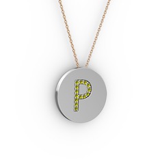 P Baş Harf Kolye - Peridot 14 ayar beyaz altın kolye (40 cm gümüş rolo zincir) #ieipxy