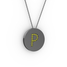 Peridot 925 ayar siyah rodyum kaplama gümüş kolye (40 cm gümüş rolo zincir)