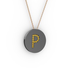 P Baş Harf Kolye - Sitrin 925 ayar siyah rodyum kaplama gümüş kolye (40 cm rose altın rolo zincir) #o3u3w8
