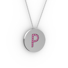 P Baş Harf Kolye - Rodolit garnet 8 ayar beyaz altın kolye (40 cm gümüş rolo zincir) #pah64q