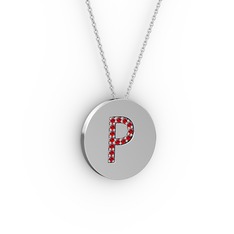 P Baş Harf Kolye - Garnet 8 ayar beyaz altın kolye (40 cm beyaz altın rolo zincir) #pxocb8