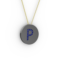 P Baş Harf Kolye - Lab safir 925 ayar siyah rodyum kaplama gümüş kolye (40 cm altın rolo zincir) #s7a6jd