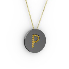P Baş Harf Kolye - Sitrin 925 ayar siyah rodyum kaplama gümüş kolye (40 cm altın rolo zincir) #sid61f
