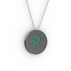 P Baş Harf Kolye - Yeşil kuvars 925 ayar siyah rodyum kaplama gümüş kolye (40 cm gümüş rolo zincir) #svq2xs