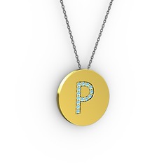 P Baş Harf Kolye - Akuamarin 18 ayar altın kolye (40 cm gümüş rolo zincir) #u4imis