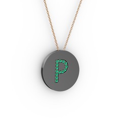 P Baş Harf Kolye - Yeşil kuvars 925 ayar siyah rodyum kaplama gümüş kolye (40 cm rose altın rolo zincir) #xhx896