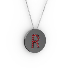 R Baş Harf Kolye - Garnet 925 ayar siyah rodyum kaplama gümüş kolye (40 cm beyaz altın rolo zincir) #115iv4q