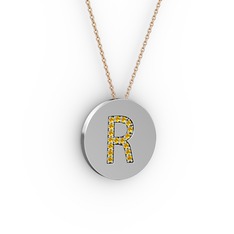 R Baş Harf Kolye - Sitrin 8 ayar beyaz altın kolye (40 cm rose altın rolo zincir) #11r6lk6
