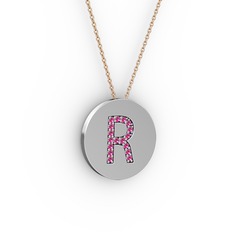 R Baş Harf Kolye - Rodolit garnet 14 ayar beyaz altın kolye (40 cm rose altın rolo zincir) #12qwvkd