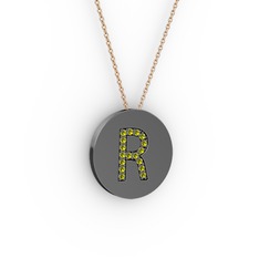 R Baş Harf Kolye - Peridot 925 ayar siyah rodyum kaplama gümüş kolye (40 cm gümüş rolo zincir) #142nvc