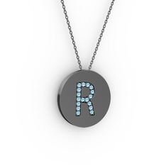 R Baş Harf Kolye - Akuamarin 925 ayar siyah rodyum kaplama gümüş kolye (40 cm gümüş rolo zincir) #148j3ga