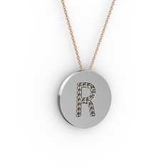 R Baş Harf Kolye - Dumanlı kuvars 8 ayar beyaz altın kolye (40 cm gümüş rolo zincir) #14ny52c