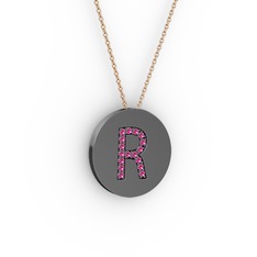 R Baş Harf Kolye - Rodolit garnet 925 ayar siyah rodyum kaplama gümüş kolye (40 cm rose altın rolo zincir) #14wvry8