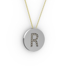 R Baş Harf Kolye - Dumanlı kuvars 8 ayar beyaz altın kolye (40 cm altın rolo zincir) #16mrpt1