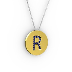 R Baş Harf Kolye - Lab safir 14 ayar altın kolye (40 cm gümüş rolo zincir) #17998k1