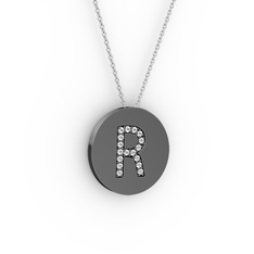 R Baş Harf Kolye - Pırlanta 925 ayar siyah rodyum kaplama gümüş kolye (0.1496 karat, 40 cm beyaz altın rolo zincir) #17h82c1