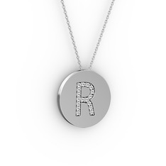 R Baş Harf Kolye - Pırlanta 925 ayar gümüş kolye (0.1496 karat, 40 cm beyaz altın rolo zincir) #18b9cby