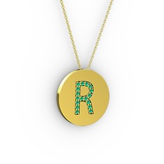 R Baş Harf Kolye - Yeşil kuvars 14 ayar altın kolye (40 cm altın rolo zincir) #18yvqxb
