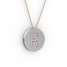 R Baş Harf Kolye - Pembe kuvars 925 ayar gümüş kolye (40 cm rose altın rolo zincir) #1bfdj4t