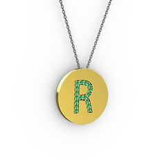 R Baş Harf Kolye - Yeşil kuvars 8 ayar altın kolye (40 cm gümüş rolo zincir) #1d0rwst