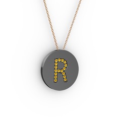 R Baş Harf Kolye - Sitrin 925 ayar siyah rodyum kaplama gümüş kolye (40 cm rose altın rolo zincir) #1dz8sxb