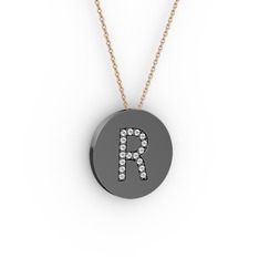R Baş Harf Kolye - Swarovski 925 ayar siyah rodyum kaplama gümüş kolye (40 cm rose altın rolo zincir) #1dzvq4f
