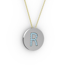 R Baş Harf Kolye - Akuamarin 14 ayar beyaz altın kolye (40 cm gümüş rolo zincir) #1e7l0zu