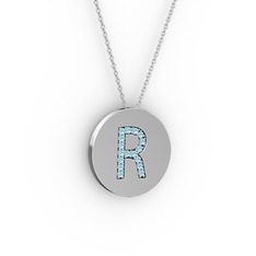 R Baş Harf Kolye - Akuamarin 18 ayar beyaz altın kolye (40 cm gümüş rolo zincir) #1ew289f