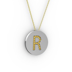 R Baş Harf Kolye - Sitrin 18 ayar beyaz altın kolye (40 cm altın rolo zincir) #1fl68bb