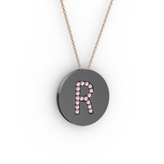 R Baş Harf Kolye - Pembe kuvars 925 ayar siyah rodyum kaplama gümüş kolye (40 cm rose altın rolo zincir) #1fvgist