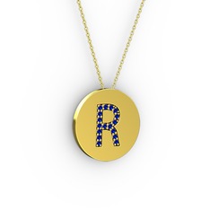 R Baş Harf Kolye - Lab safir 925 ayar altın kaplama gümüş kolye (40 cm altın rolo zincir) #1gd3gac