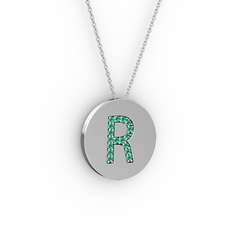 R Baş Harf Kolye - Yeşil kuvars 8 ayar beyaz altın kolye (40 cm beyaz altın rolo zincir) #1h3odax