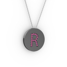 R Baş Harf Kolye - Rodolit garnet 925 ayar siyah rodyum kaplama gümüş kolye (40 cm beyaz altın rolo zincir) #1htk99a